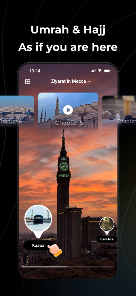 Hajo - Quran, Prayer & Hajj - Hajo app interface showing an interactive virtual tour of Mecca for Hajj and Umrah
