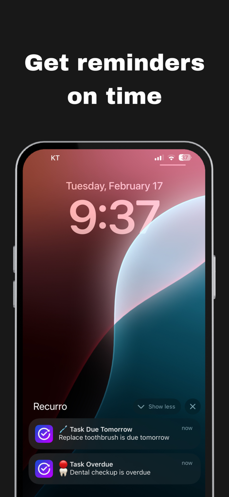 Recurro - iPhone lock screen showing Recurro notifications for upcoming and overdue recurring tasks like dental checkups.