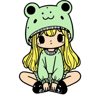 a girl wearing a frog hat and some frog socks