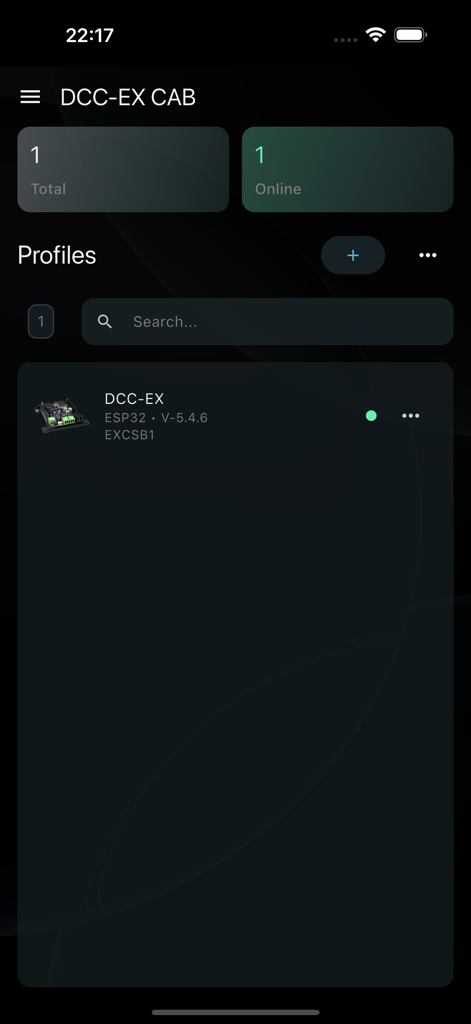 Profiles screen of the DCC-EX Cab app showing a connected ESP32 command station for model railroad control.