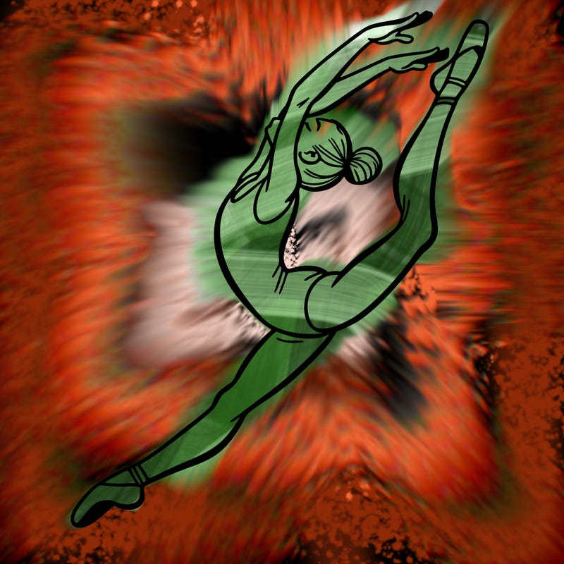 gymnast doing a leap in a leotard with a bent back leg