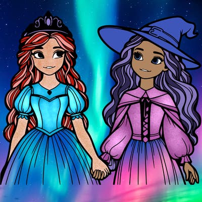 a princess and a witch holding hands realistic