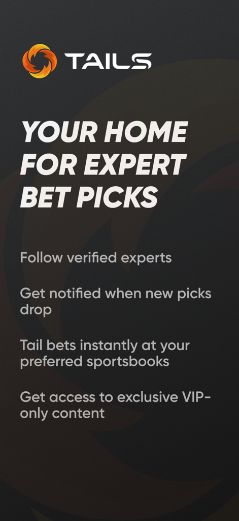 Tails - Expert Picks - 테일즈 앱 소개 화면, 전문가 베팅 픽 및 원탭 팔로우 기능 강조
