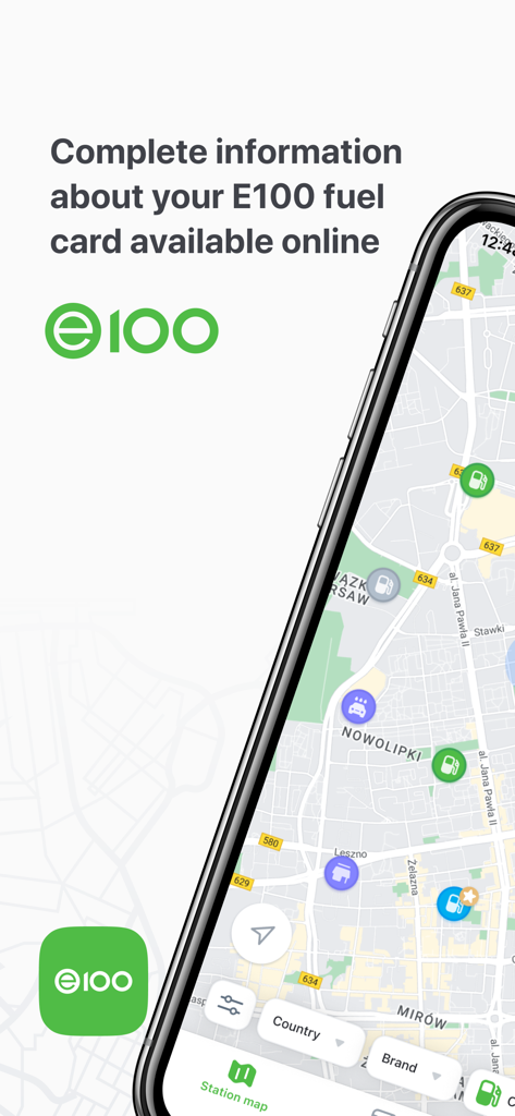 Tela do aplicativo E100 mobile mostrando um mapa com postos de combustível próximos e informações da conta do cartão