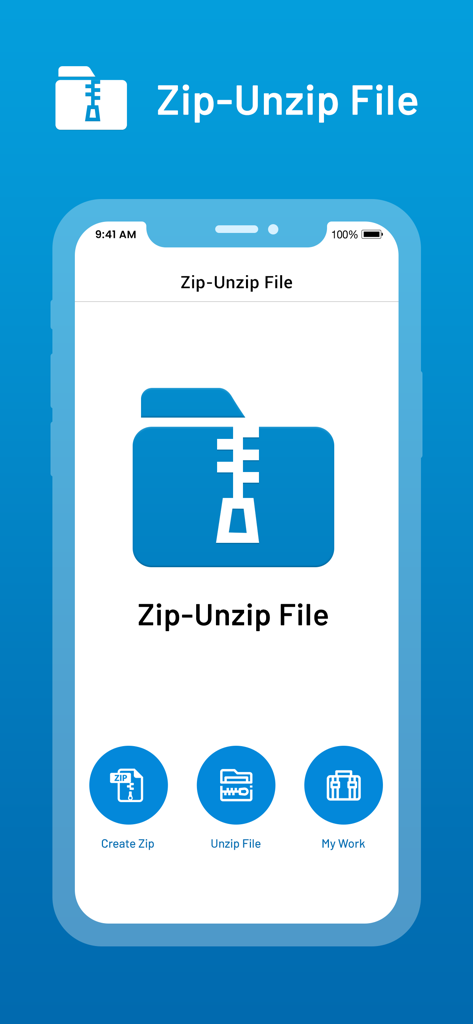 Unarchiver : Zip Unzip Tool - Main interface of the Unarchiver Zip Unzip app showing buttons for Create Zip and Unzip File