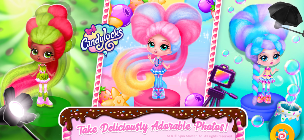 Tres muñecas Candylocks con peinados coloridos en un estudio de fotografía.