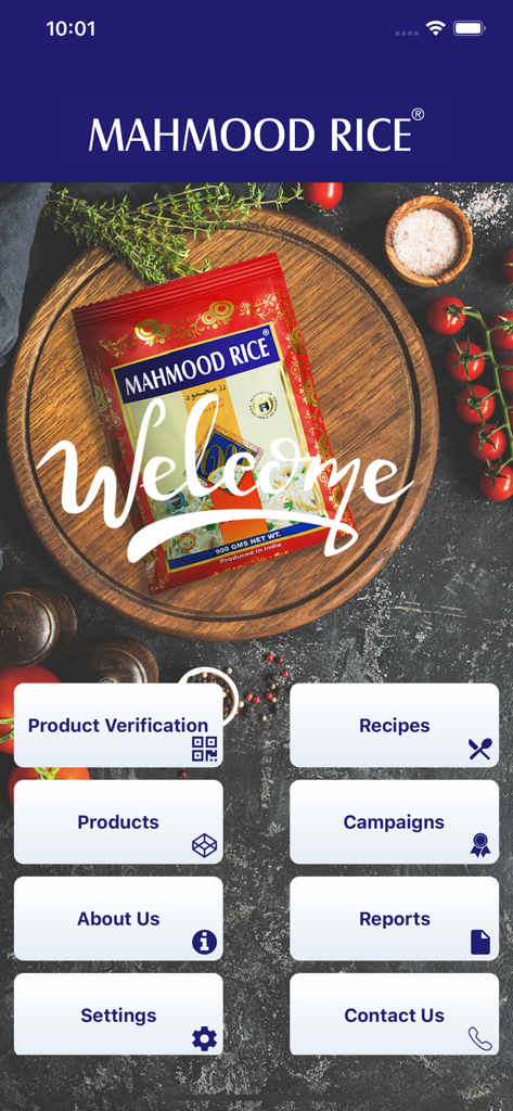 Mahmood Rice - Pantalla de bienvenida de la app Mahmood Rice mostrando opciones de menú para verificación de productos, recetas e información de la marca