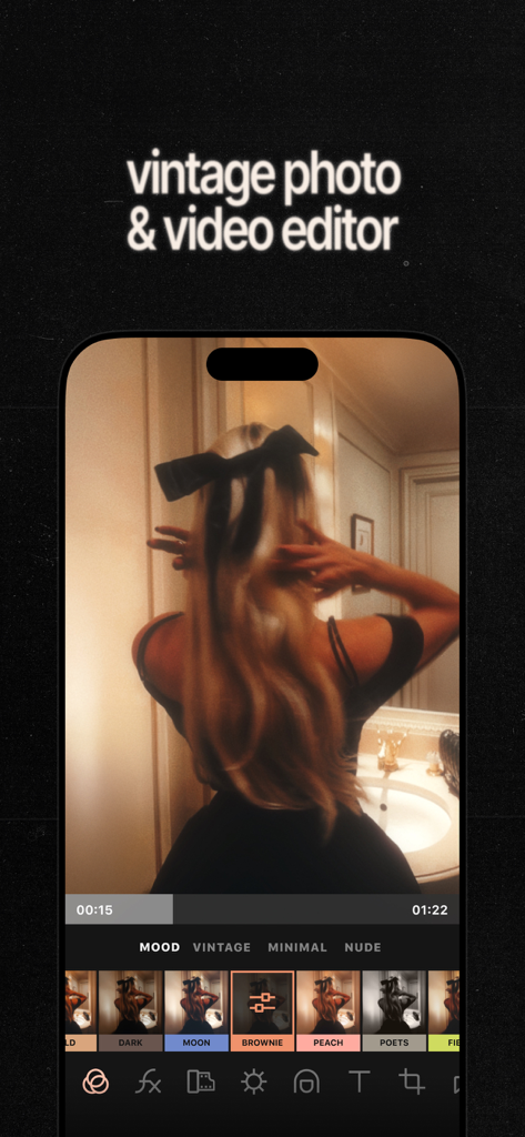 Esti app interface showing a vintage photo and video editor with aesthetic filters.