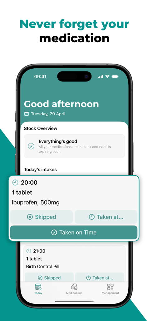 Interface de l'application AppyCare pour le suivi des doses quotidiennes de médicaments et du stock de pharmacie