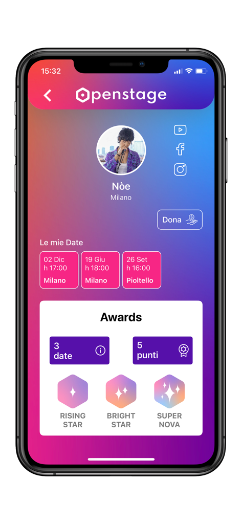 Open Stage - A creator profile screen in the Open Stage app showing performance dates and achievement badges like Rising Star and Super Nova