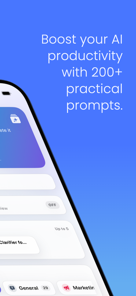 Prompt Snap app interface showing text about boosting AI productivity with over 200 practical prompts