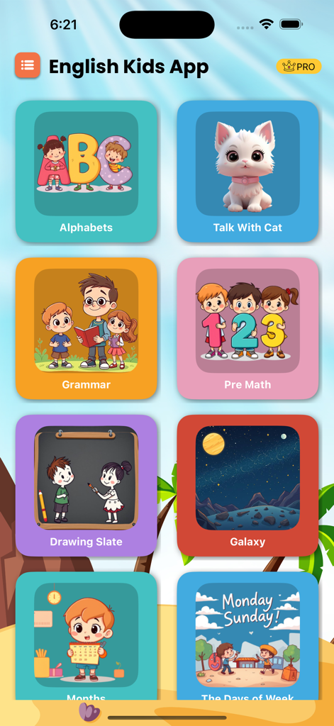 Hauptmenübildschirm der Englischen Lern-App für Kinder, der Bildungskategorien wie Alphabete, Mathematik und Grammatik zeigt