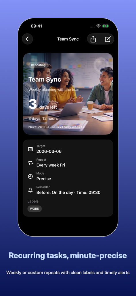 Daystreak: Countdown - A detailed view of a weekly recurring task countdown in the Daystreak app showing reminder and repeat settings