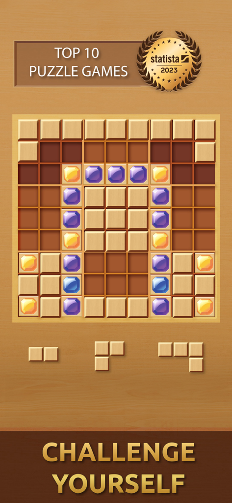 Gemdoku: Wood Block Puzzle - Jugabilidad de Gemdoku mostrando un rompecabezas de bloques de madera en una cuadrícula de 9x9 con gemas coloridas