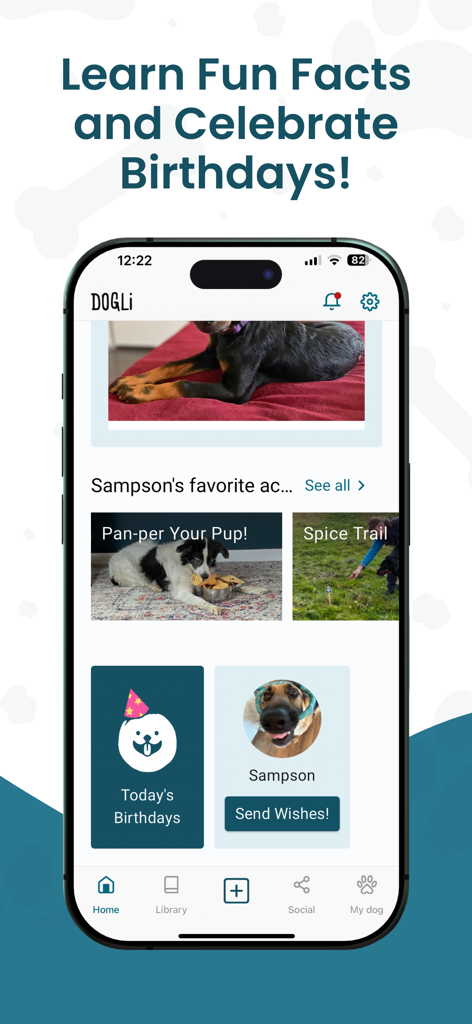 DOGLi - Dog Enrichment & Games - DOGLi mobile app screen featuring dog enrichment activities and a birthday celebration section