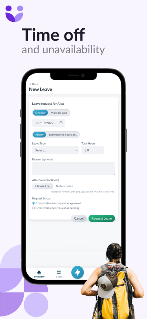 Interface do aplicativo móvel para enviar uma nova solicitação de licença e folga.