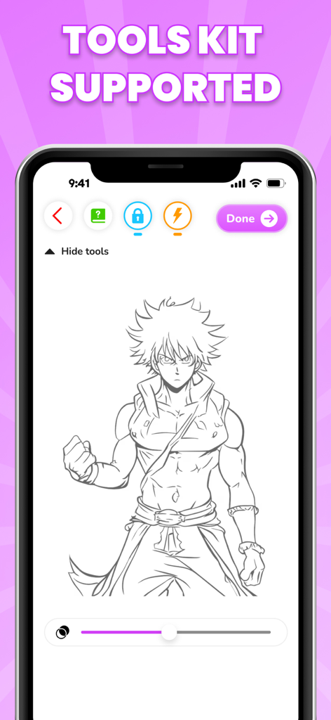 A mobile phone displaying an anime character sketch with AR drawing tools like opacity and flashlight