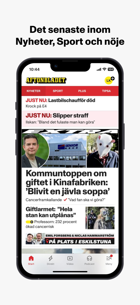 App mobile Aftonbladet Nyheter che mostra le ultime notizie e i titoli sportivi in svedese