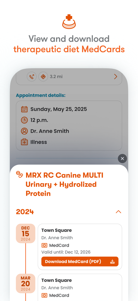 Écran de l'application Banfield pour visualiser et télécharger les cartes de régime thérapeutique (MedCards) pour animaux.
