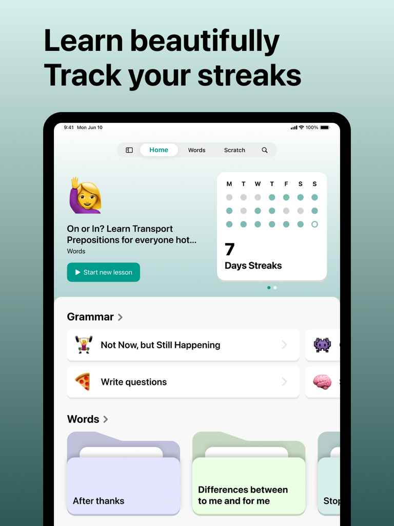 Inkly – Learn English Grammar - Inkly app dashboard on iPad showing grammar lessons and a seven day learning streak calendar