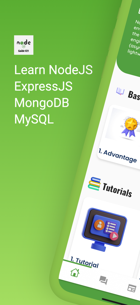 NodeJS Programming Guide - Mobile App-Oberfläche zum Erlernen von NodeJS ExpressJS MongoDB und MySQL