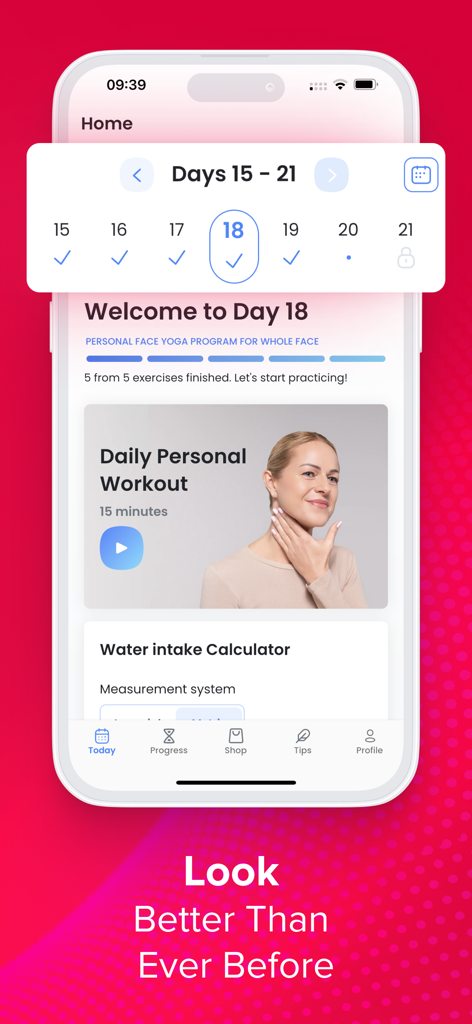 Face Yoga: Facial Exercises - Interface of the Face Yoga app showing a daily workout routine and progress calendar