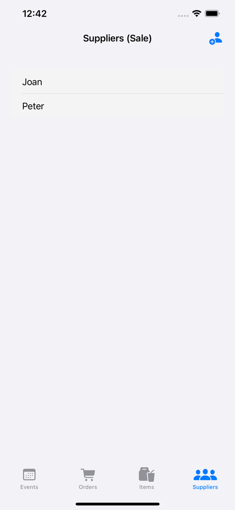 PreO - The Preorder Manager - Tela de gerenciamento de fornecedores no aplicativo PreO mostrando uma lista de nomes de fornecedores