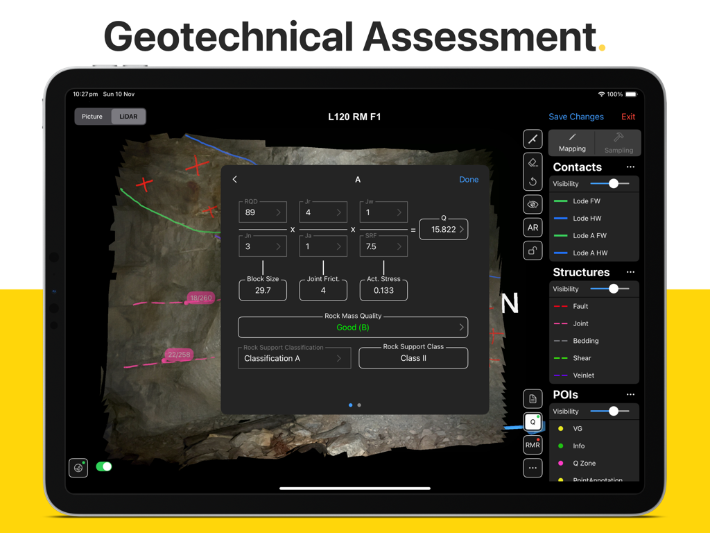 Rock Mapper - Rock Mapper app on iPad showing a geotechnical assessment interface with Q System calculations and rock mass quality data.