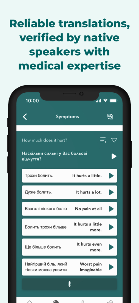 Care to Translate mobile app screen showing translated medical phrases for assessing pain levels between English and Ukrainian