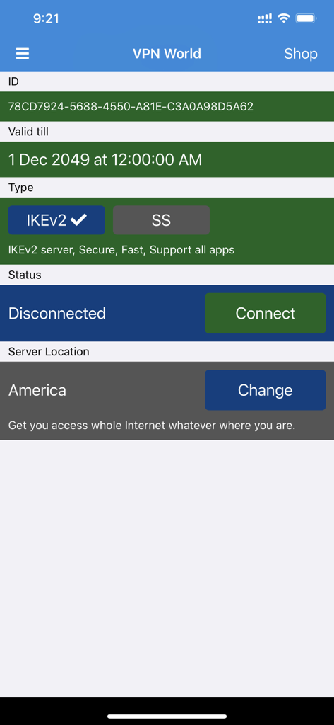 VPN Connect World-Fast Secure - VPN Worldアプリのインターフェース。接続ステータスとサーバーロケーション設定が表示されています。
