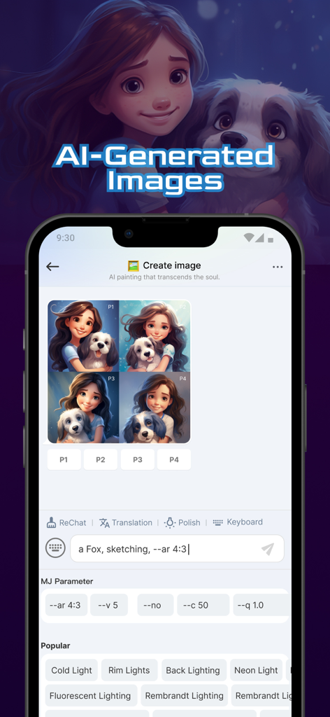 Interfaccia dell'app mobile AI Box che mostra immagini generate dall'IA di una ragazza con un cane e le impostazioni del prompt