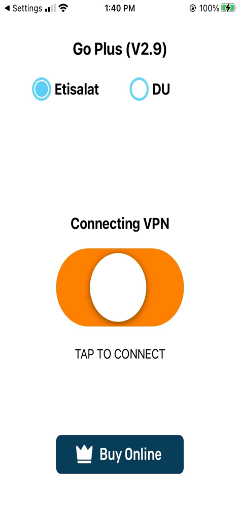 Go Plus VPN app interface with network selection for Etisalat and DU and a large orange connect button