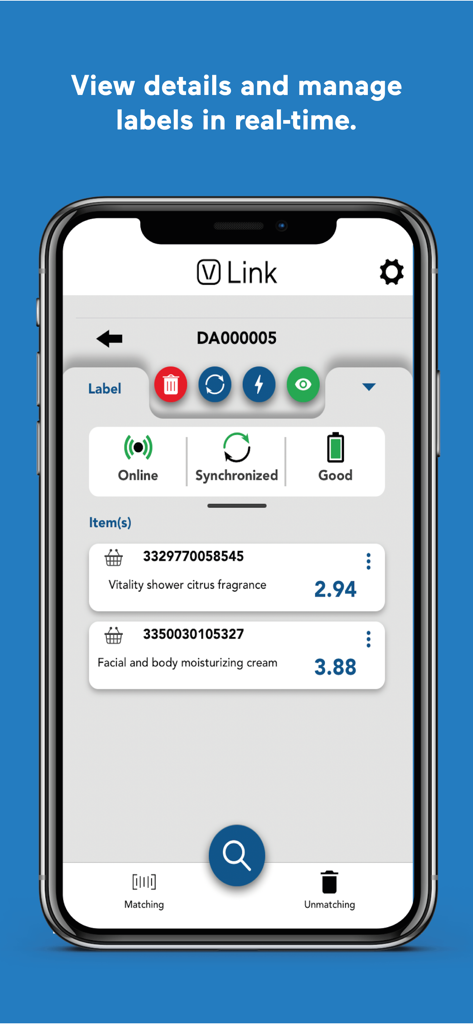 VUSION Link - Interfaz de la aplicación VUSION Link para la gestión de etiquetas minoristas en tiempo real y detalles del artículo