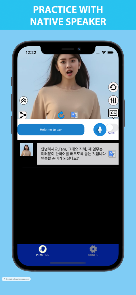 Talk to me in Korean - Korean language learning app interface for practicing speaking with an AI simulated native speaker