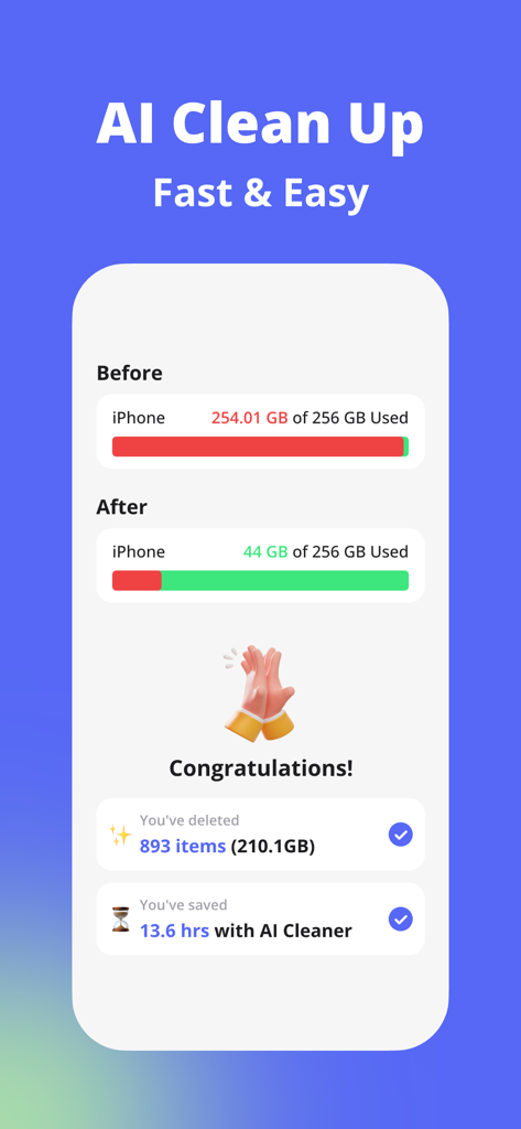 AI Cleaner - Storage Cleanup - A comparison showing iPhone storage usage before and after using AI Cleaner, with 210 gigabytes saved.