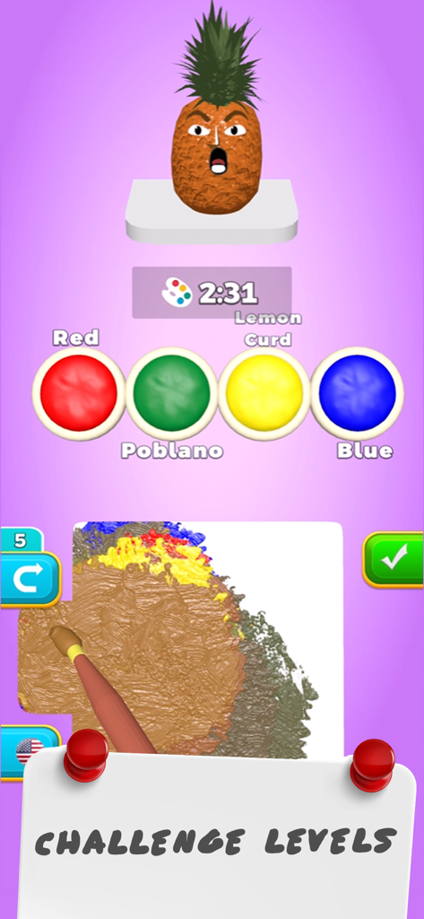 Coloring Matchゲームのインターフェースには、パイナップルとカラーミキシングパレットが表示されています