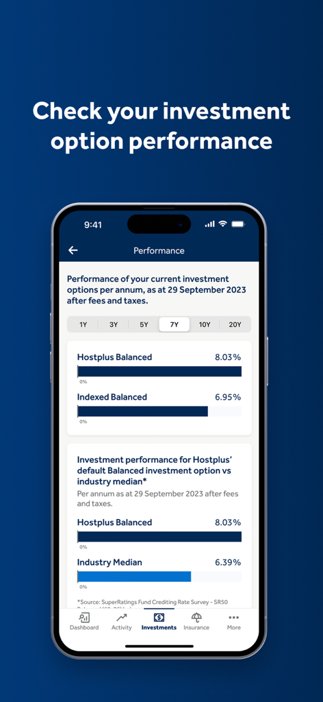 Hostplus - Hostplus app performance screen displaying investment returns compared to industry median