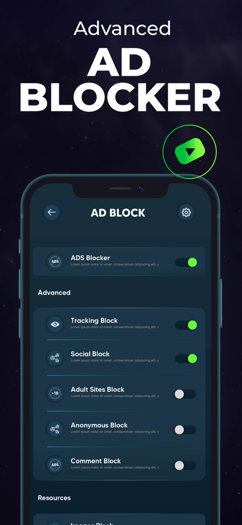 VPNLINE - Fast & Secure Vpn - Interface of the VPNLINE app showing advanced ad blocker and tracking block settings