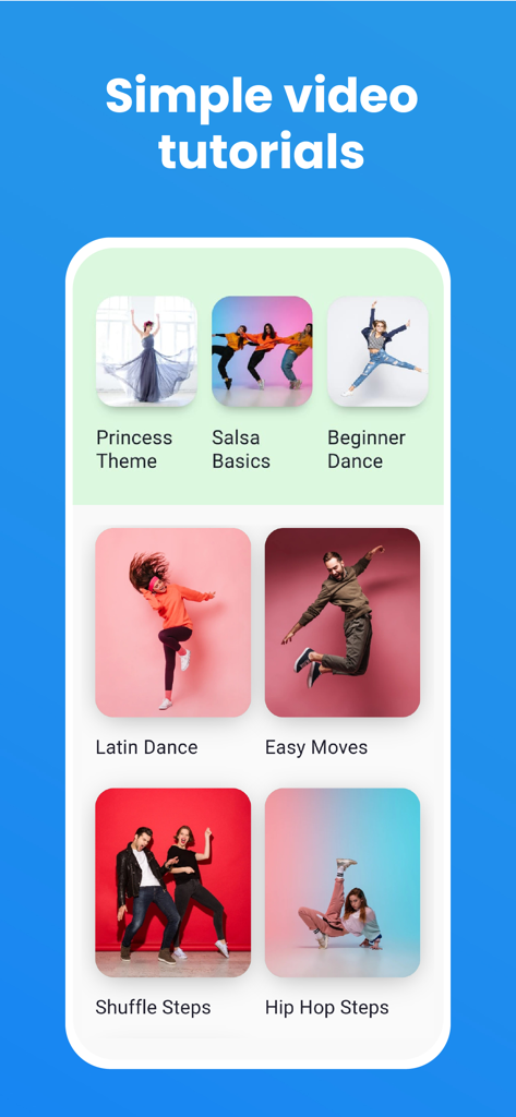 Dance Lessons: Learn to Dance - モバイルアプリ画面。サルサ、ヒップホップ、ラテンなどの様々なダンスチュートリアルカテゴリーが表示されている。