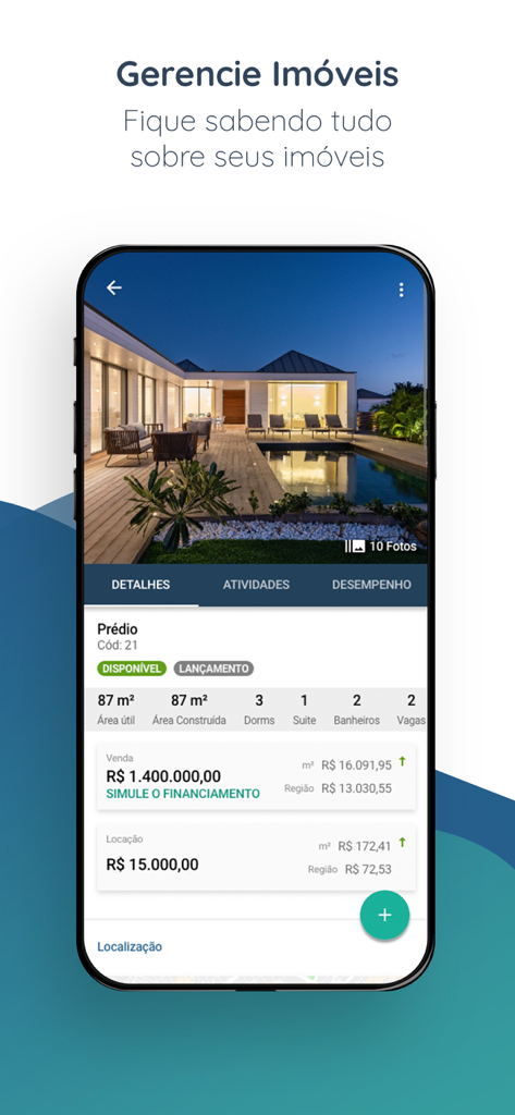 Detailed property view in the Imobzi CRM mobile app featuring a house photo and sales information.