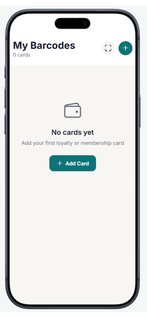 My Barcode Cards - Empty home screen of the My Barcode Cards app showing a button to add a new loyalty or membership card