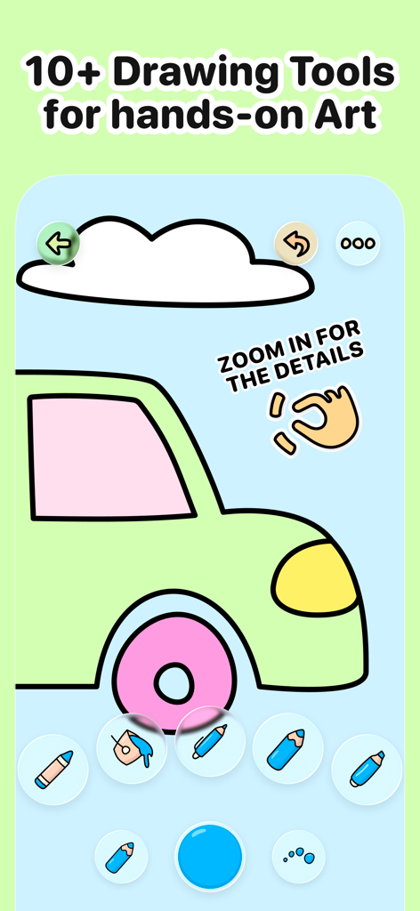 AI-Free Kids Coloring • Mea - Digital coloring interface with various drawing tools and a car illustration