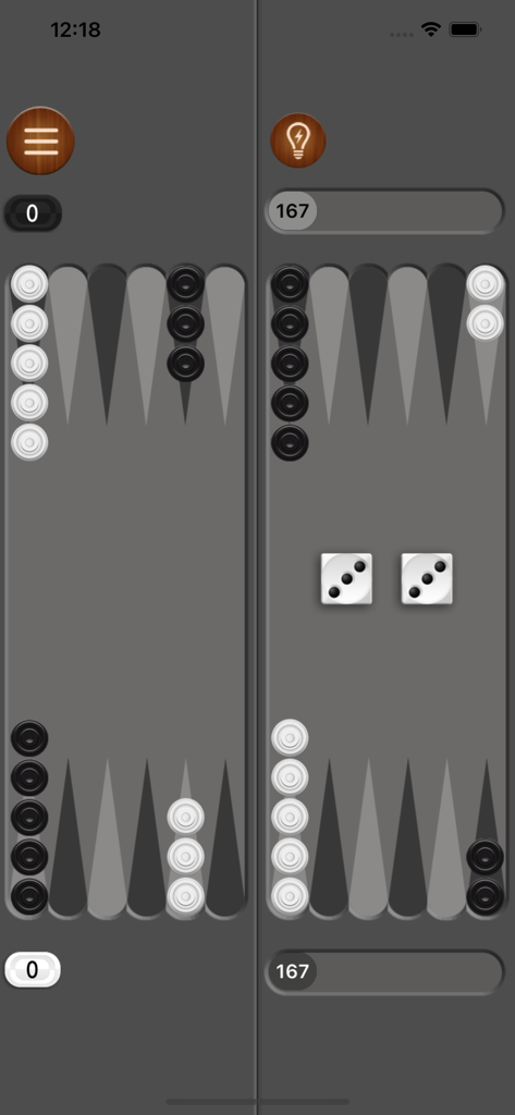 Jogabilidade clássica de gamão em um tabuleiro cinza minimalista com damas pretas e brancas