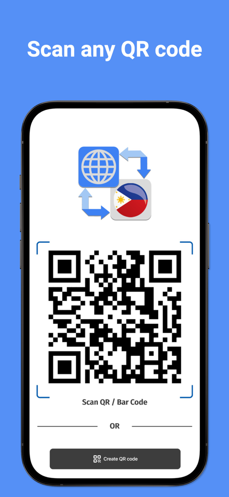 Interfaz de la aplicación Traductor de Tagalo y Filipino que muestra una función de escáner de códigos QR.