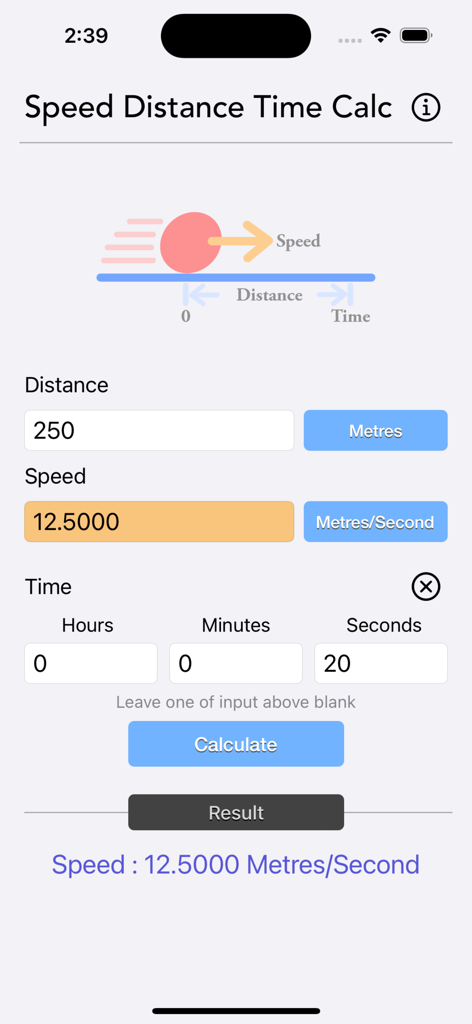 Speed Distance Time Calc app interface showing a speed calculation with distance and time inputs
