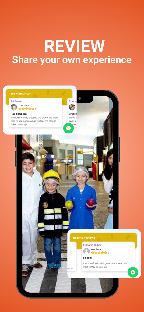 Kidzapp - Family Activities - Kidzapp App-Screenshot zeigt Bewertungen von Familienaktivitäten und Kinder in Kostümen