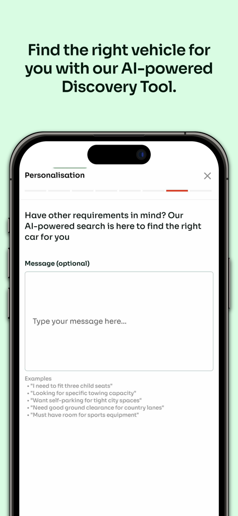 Cazoo mobile app interface showing the AI powered car discovery tool for personalized search