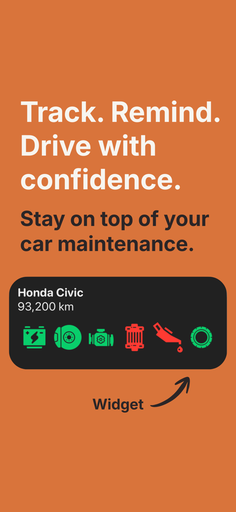Un widget de pantalla de inicio para la aplicación Recordatorios de Mantenimiento del Coche que muestra el estado de mantenimiento de un Honda Civic con iconos codificados por colores para la batería, los frenos, el motor y el aceite.