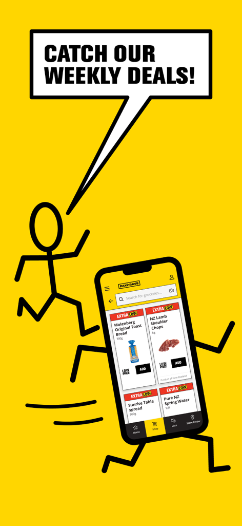 PAK'nSAVE - A stick figure character pointing to a smartphone screen displaying weekly grocery deals and extra low prices on the PAKnSAVE app.