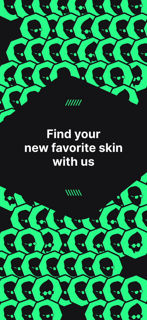 Graphic marketing screen for CS.MONEY app featuring the text Find your new favorite skin with us against a pattern of green stylized heads.